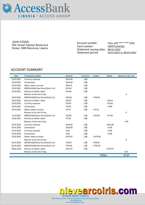 Liberia Access Bank statement in Word and PDF format